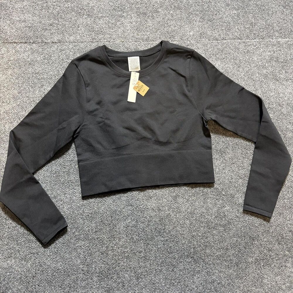 PINK Victoria's Secret Shirt Womens Medium Black Long Sleeve Cropped Seamless